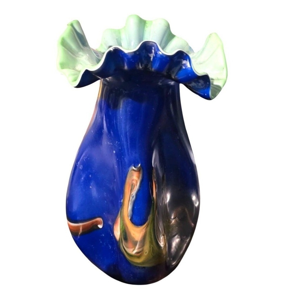 Vintage Vase Hand-Blown Ruffled Art Glass Edge Cobalt Blue Orange‎ 9"H Abstract